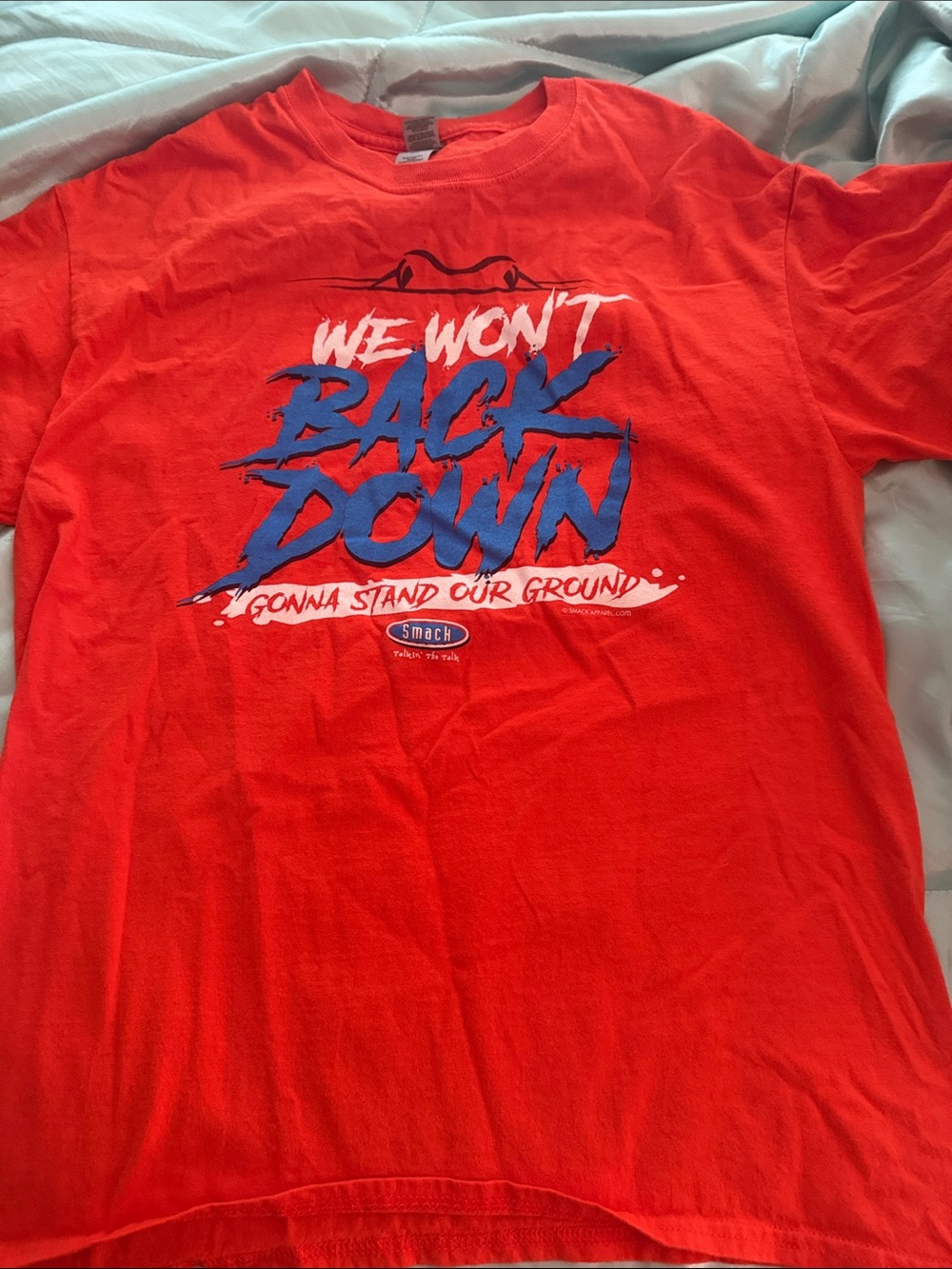 Gildan Red Short Sleeve Tee "We Won't Back Down" with Blue & White Graphic